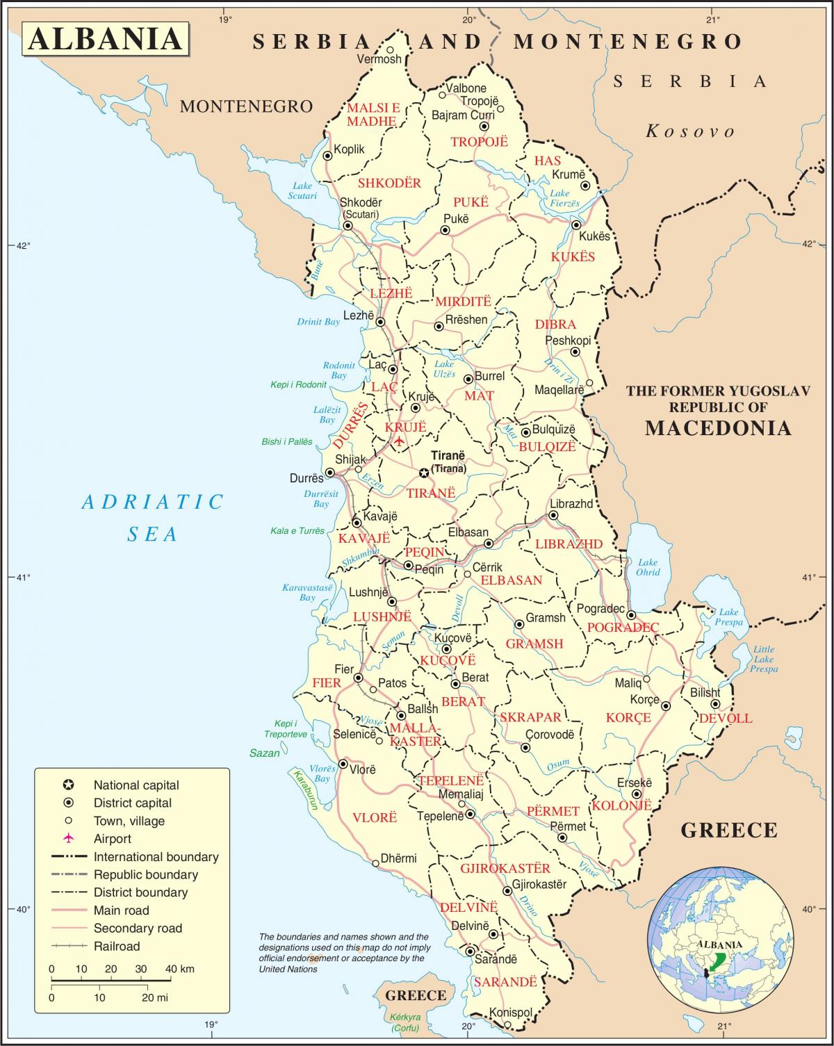 carte de l'Albanie avec les villes