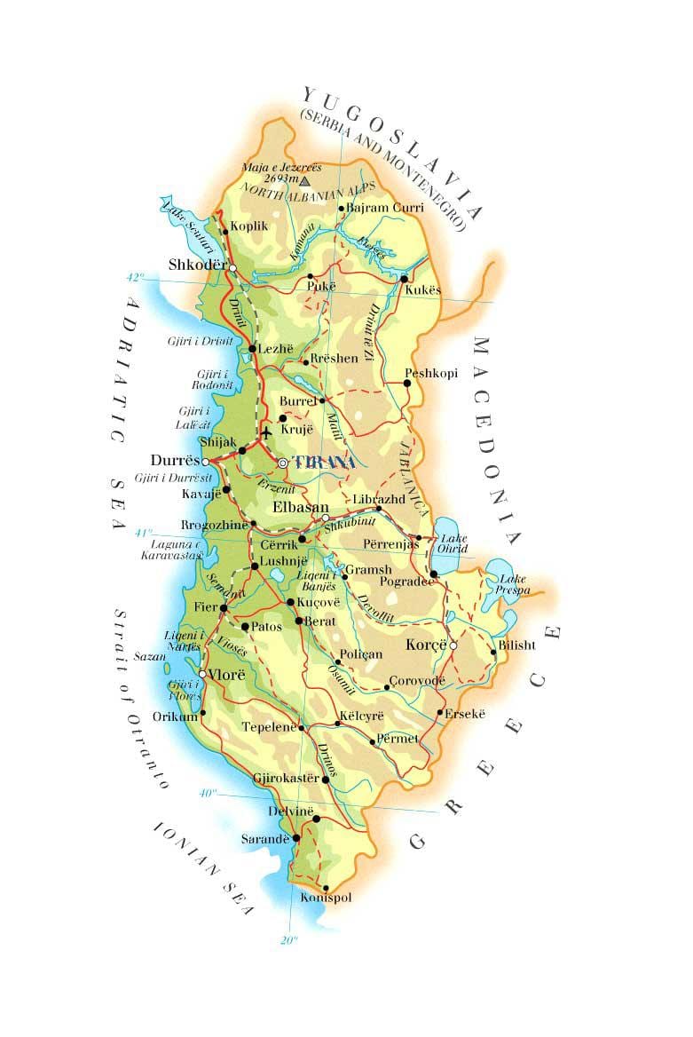 carte de la carte physique de l'Albanie